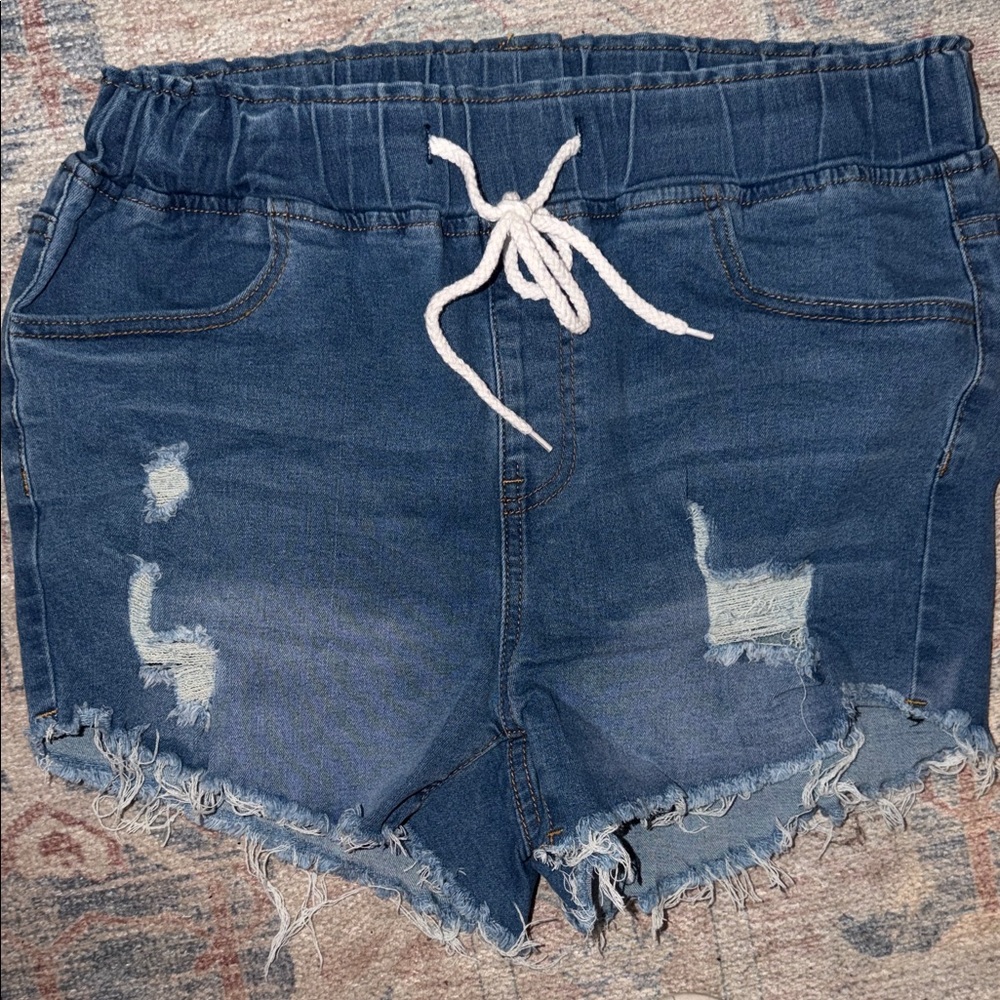 SHEIN Curve Dark Blue Distressed Denim Drawstring Shorts